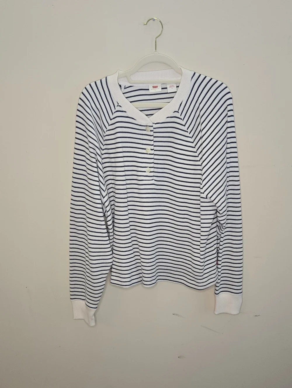 Levi's White Navy Stripe Thermal Henley Shirt Large Waffle Knit Coastal Preppy